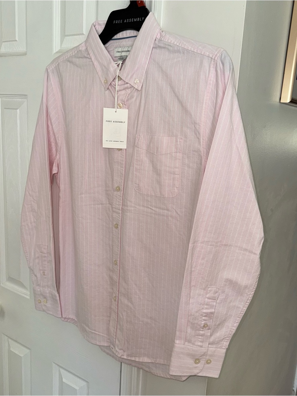 Free Assembly Oxford Shirt Pink Crystal Striped Button Down Cotton Spandex M NWT - Picture 8 of 16
